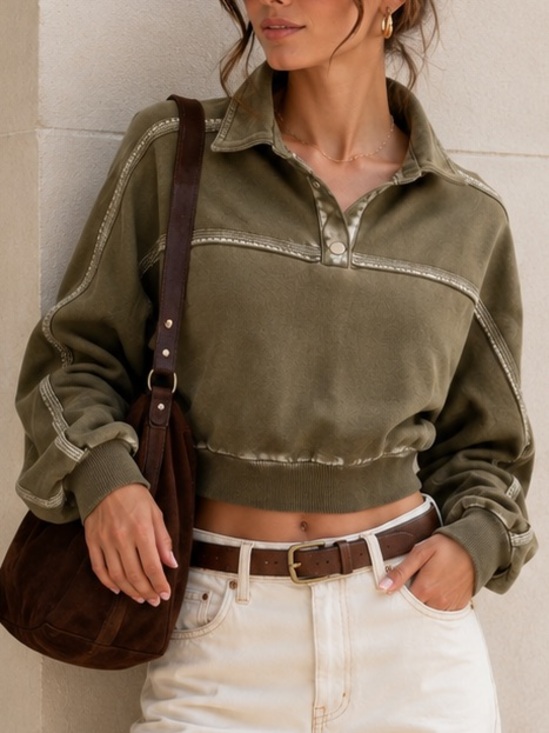 AKIRA Tops - AKIRA Cropped Olive Snap Collar Sweatshirt | Size S | Utility Chic Streetwear